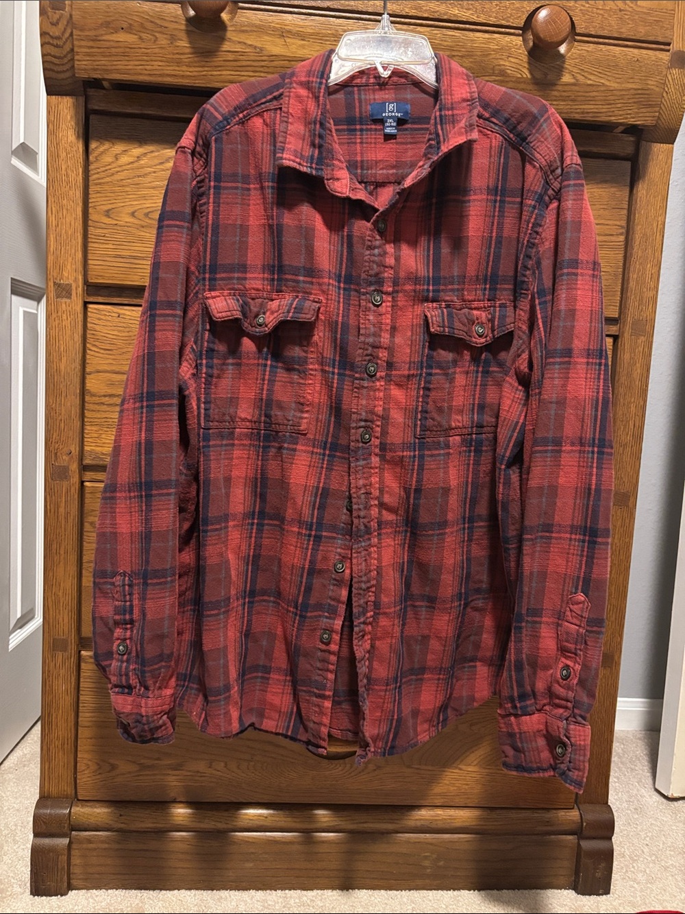 George Button-Down Shirt Flannel Shirt Red and Blue Plaid Mens Size XXL